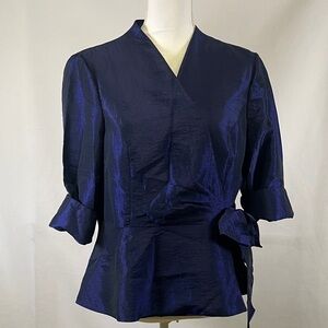 Alex Evenings Shimmer Taffeta Surplice Tie-Waist Blouse Midnight Blue Size XLP